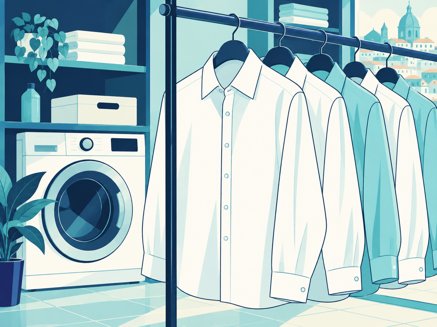 Ilustração de camisas lavadas com uma máquina de lavar ao fundo